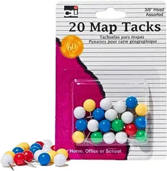Charles Leonard Map Tacks - Asst .38in 20Pk BP